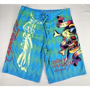 Ed Hardy Mens Blue Green Harlequin Skull Tattoo Board Shorts Swim Y2K Size 33